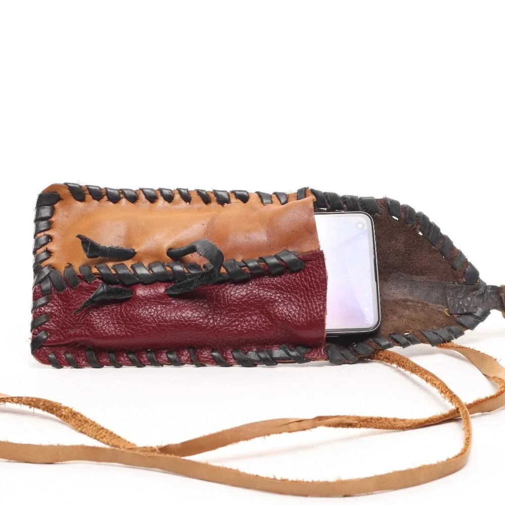 Hand Made Leather Phone Case Cash Card Mini Bag 7x4x1/2 Brown/Tan